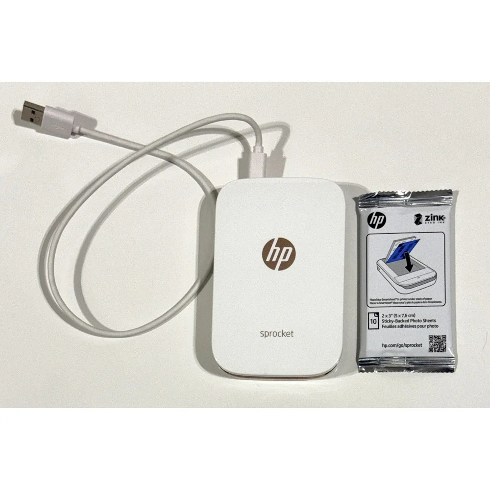 HP Sprocket Portable Photo Printer + Zink Sticky Back Paper & USB Cable WORKS